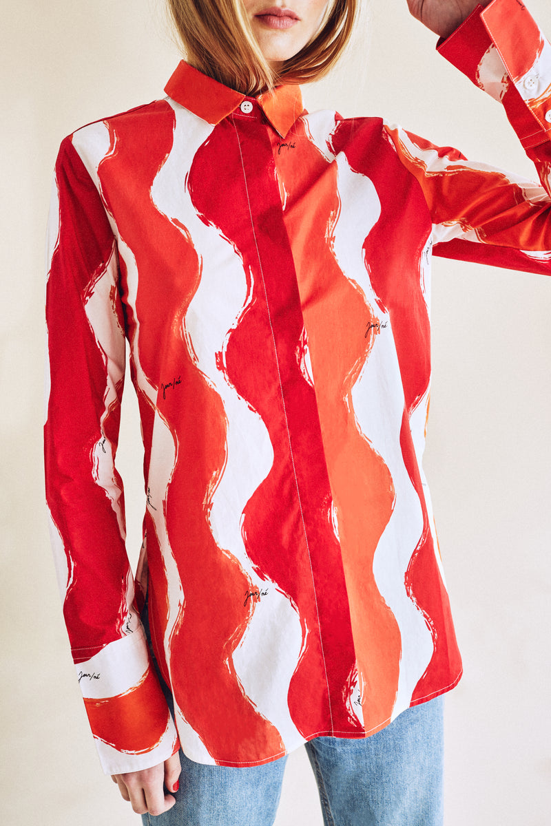 Chemise en popeline à imprimé vagues rouge