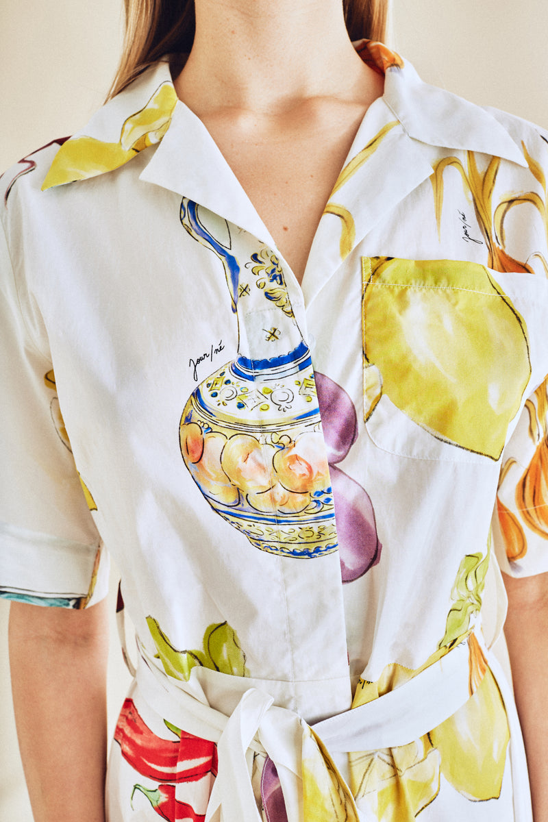 Robe chemise à imprimé légumes méditerranéen ivoire